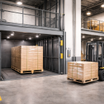 Elevador montacargas industrial según tipo de carga y espacio disponible operando en almacén con pallets y mercancía pesada