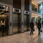 elevadores comerciales en México en edificio moderno corporativo con alto flujo y diseño eficiente