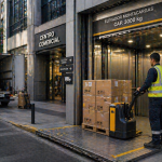 elevador montacargas en México operando en logística urbana con carga en edificio comercial moderno