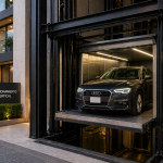 elevador para autos en edificio moderno en México con sistema de estacionamiento vertical