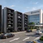 Estacionamiento vertical para hospitales en México con plataformas independientes y flujo vehicular continuo.